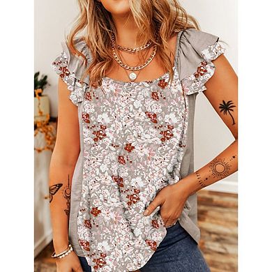 Women Summer Square Neck Floral Print Shirts Tops Ruffled Short Sleeve Blouses