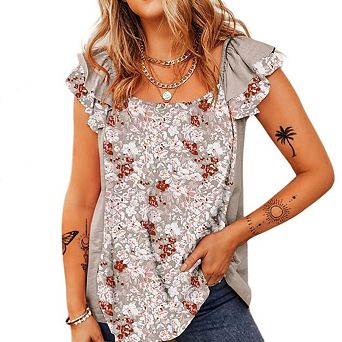 Women Summer Square Neck Floral Print Shirts Tops Ruffled Short Sleeve Blouses