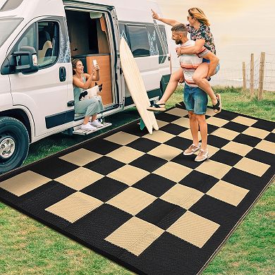 GlowSol Modern Geometric Outdoor Rugs Reversible UV Resistant Portable Checkered Plastic Straw Rug