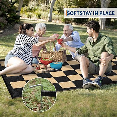 GlowSol Modern Geometric Outdoor Rugs Reversible UV Resistant Portable Checkered Plastic Straw Rug