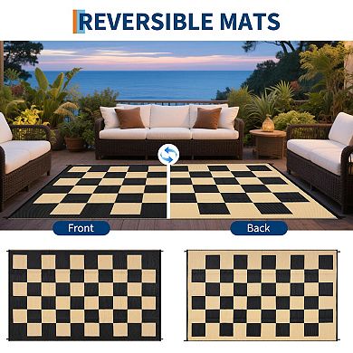 GlowSol Modern Geometric Outdoor Rugs Reversible UV Resistant Portable Checkered Plastic Straw Rug