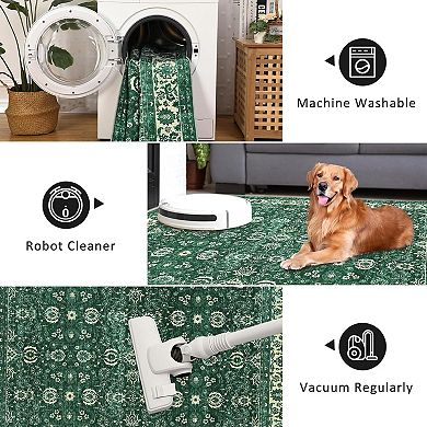 Washable Rugs with Rubber Backing，Soft Vintage Floral Carpet for Kitchen,Bedroom