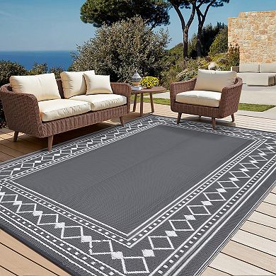 GlowSol Waterproof Outdoor Rugs Geometric Bordered Reverisble Plastic Straw Rugs for Patio Picnic