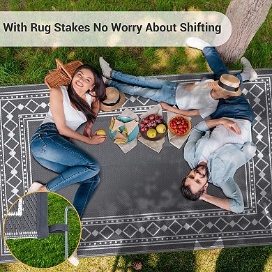 GlowSol Waterproof Outdoor Rugs Geometric Bordered Reverisble Plastic Straw Rugs for Patio Picnic