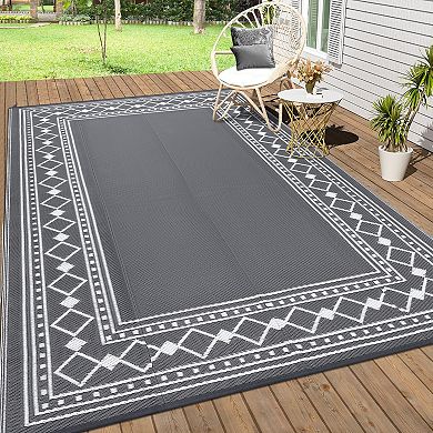 GlowSol Waterproof Outdoor Rugs Geometric Bordered Reverisble Plastic Straw Rugs for Patio Picnic