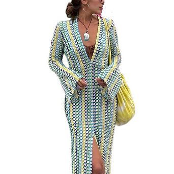 Women's V-Neck Swimsuit Crochet Maxi Dress Long Sleeve Long Slit Design Beach Cover Up Dress