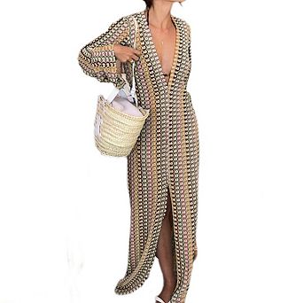 Women's V-Neck Swimsuit Crochet Maxi Dress Long Sleeve Long Slit Design Beach Cover Up Dress