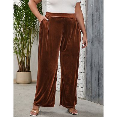 Plus Size Women Casual Stretchy Waist Wide Leg Velvet Pants