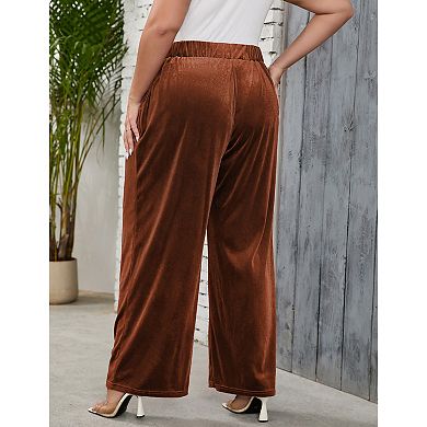 Plus Size Women Casual Stretchy Waist Wide Leg Velvet Pants