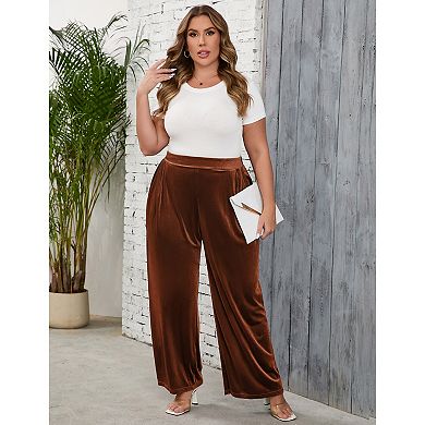 Plus Size Women Casual Stretchy Waist Wide Leg Velvet Pants