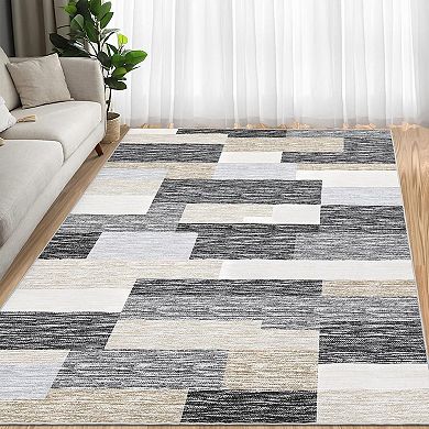 Modern Geometric Patchwork Rug，Washable Rug with Non Slip TPR Rubber Backing
