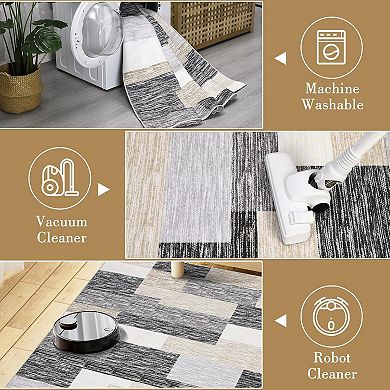 Modern Geometric Patchwork Rug，Washable Rug with Non Slip TPR Rubber Backing