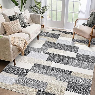 Modern Geometric Patchwork Rug，Washable Rug with Non Slip TPR Rubber Backing