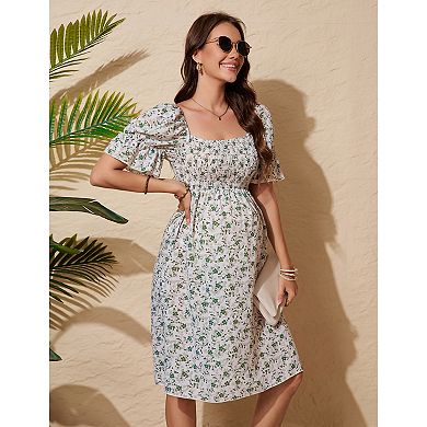 Women Maternity Short Sleeve Square Neck Floral Flowy Dress