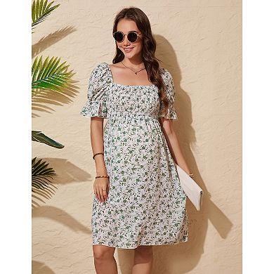 Women Maternity Short Sleeve Square Neck Floral Flowy Dress