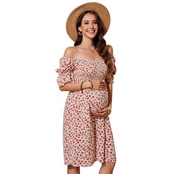 Women Maternity Short Sleeve Square Neck Floral Flowy Dress