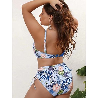 Women's Plus Size Bikini Sets 2 Pieces Floral Print Swimsuits Adjustable Side Tie Bathing Suit
