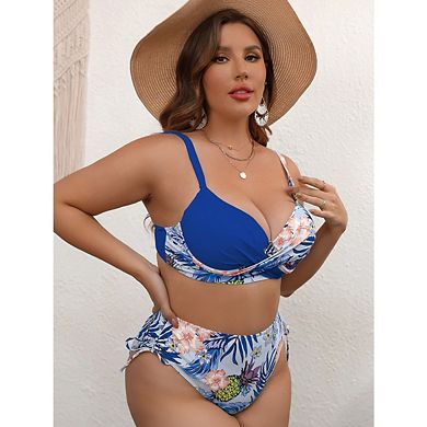 Women's Plus Size Bikini Sets 2 Pieces Floral Print Swimsuits Adjustable Side Tie Bathing Suit