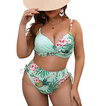 Women's Plus Size Bikini Sets 2 pc Floral Print Swimsuits Adjustable Side Tie Bathing Suit