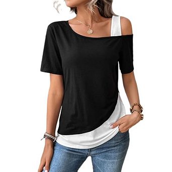 Womens One-Shoulder T-Shirt Asymmetrical Short Sleeve Tops Color Block Tee Shirts