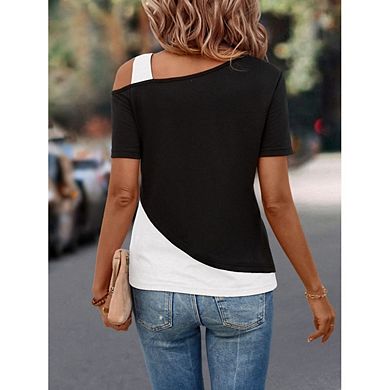 Womens One-Shoulder T-Shirt Asymmetrical Short Sleeve Tops Color Block Tee Shirts