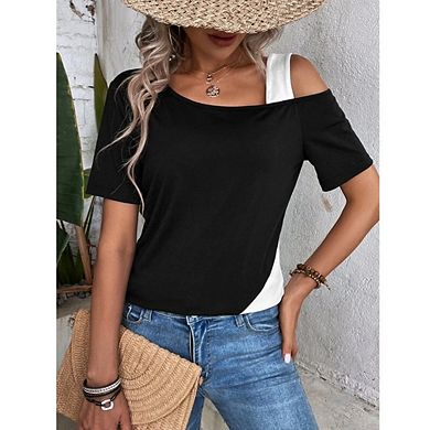 Womens One-Shoulder T-Shirt Asymmetrical Short Sleeve Tops Color Block Tee Shirts
