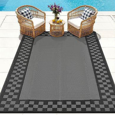 GlowSol Outdoor Rugs Geometric Bordered Reversible Waterproof UV Resistant Plastic Straw Rug
