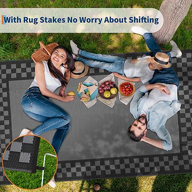 GlowSol Outdoor Rugs Geometric Bordered Reversible Waterproof UV Resistant Plastic Straw Rug