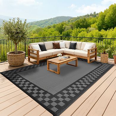 GlowSol Outdoor Rugs Geometric Bordered Reversible Waterproof UV Resistant Plastic Straw Rug