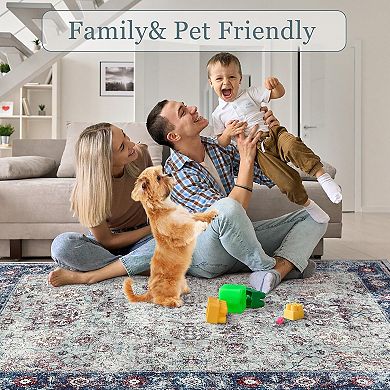 Traditional Washable Floral Area Rug, Grey, Geometric Pattern, Non Slip, Machine Washable