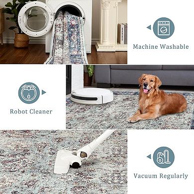 Traditional Washable Floral Area Rug, Grey, Geometric Pattern, Non Slip, Machine Washable
