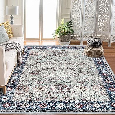 Traditional Washable Floral Area Rug, Grey, Geometric Pattern, Non Slip, Machine Washable