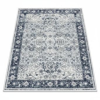 Traditional Washable Floral Area Rug, Grey, Geometric Pattern, Non Slip, Machine Washable