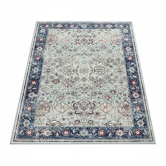Traditional Washable Floral Area Rug, Grey, Geometric Pattern, Non Slip, Machine Washable