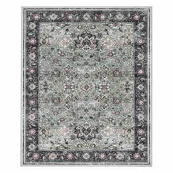 Traditional Washable Floral Area Rug, Grey, Geometric Pattern, Non Slip, Machine Washable