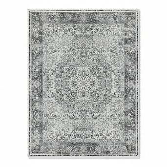 Traditional Washable Floral Area Rug, Grey, Geometric Pattern, Non Slip, Machine Washable