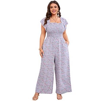 Plus Size Women Casual Floral Short Sleeve Jumpsuit