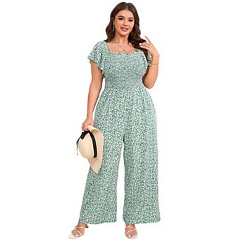 Plus Size Women Casual Floral Short Sleeve Jumpsuit