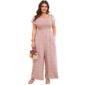 Plus Size Women Casual Floral Short Sleeve Jumpsuit