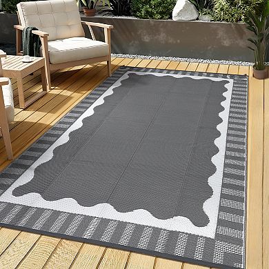 GlowSol Modern Outdoor Rugs Stripped Reversible Waterproof Portable Platic Straw Rugs for Patio