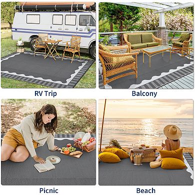 GlowSol Modern Outdoor Rugs Stripped Reversible Waterproof Portable Platic Straw Rugs for Patio