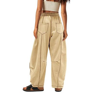 Womens Baggy Barrel Pants Wide Leg Lounge Drawstring Sweatpants with Pockets