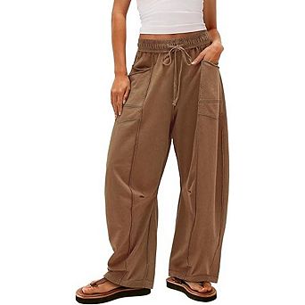 Womens Baggy Barrel Pants Wide Leg Lounge Drawstring Sweatpants with Pockets