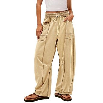 Womens Baggy Barrel Pants Wide Leg Lounge Drawstring Sweatpants with Pockets