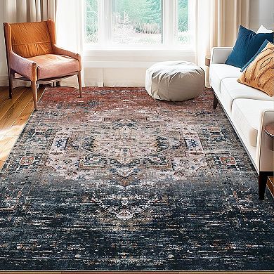 Washable Area Rug, Vintage Distressed Ombre Rug, Low Pile Non-Slip Soft Throw Rug