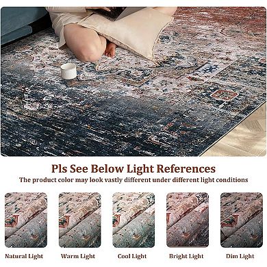 Washable Area Rug, Vintage Distressed Ombre Rug, Low Pile Non-Slip Soft Throw Rug