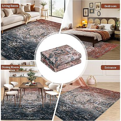Washable Area Rug, Vintage Distressed Ombre Rug, Low Pile Non-Slip Soft Throw Rug