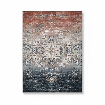 Washable Area Rug, Vintage Distressed Ombre Rug, Low Pile Non-Slip Soft Throw Rug