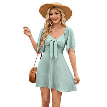 Womens Flowy Mini Dress V Neck Tie Short Sleeve Slim Fit Casual Summer Dress for Daily Date Beach