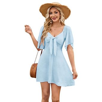 Womens Flowy Mini Dress V Neck Tie Short Sleeve Slim Fit Casual Summer Dress for Daily Date Beach
